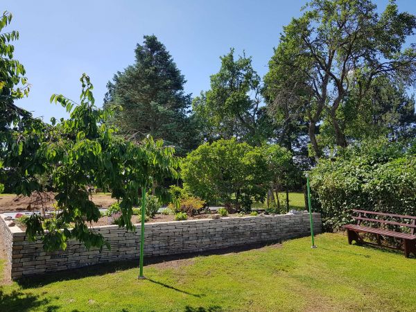 Garten mit Bank und Mauer und Beet